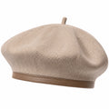 Damen Baskenmütze Beige mit Fischgrätenmuster und Kunstlederrand