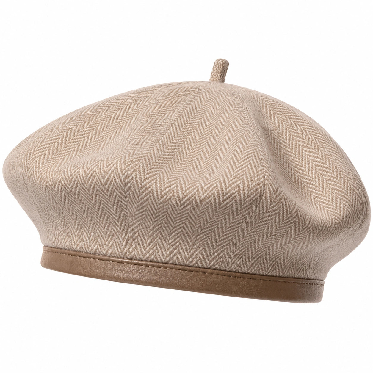 Damen Baskenmütze Beige mit Fischgrätenmuster und Kunstlederrand