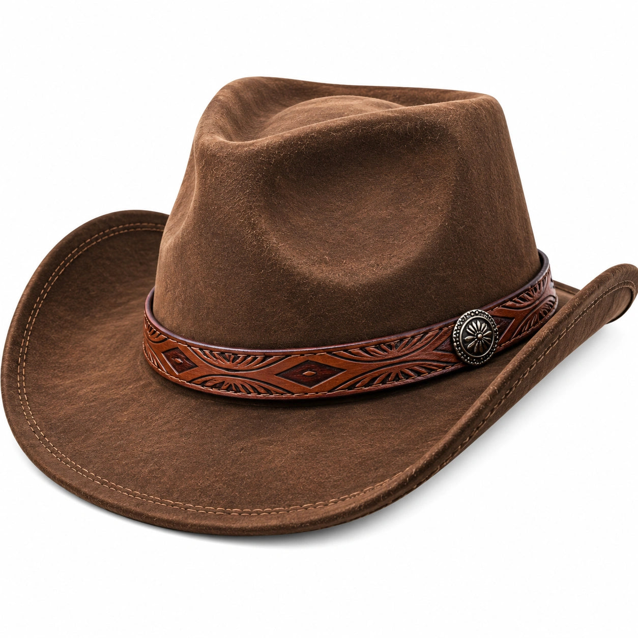 Brauner Cowboyhut mit Lederband und Metallapplikation