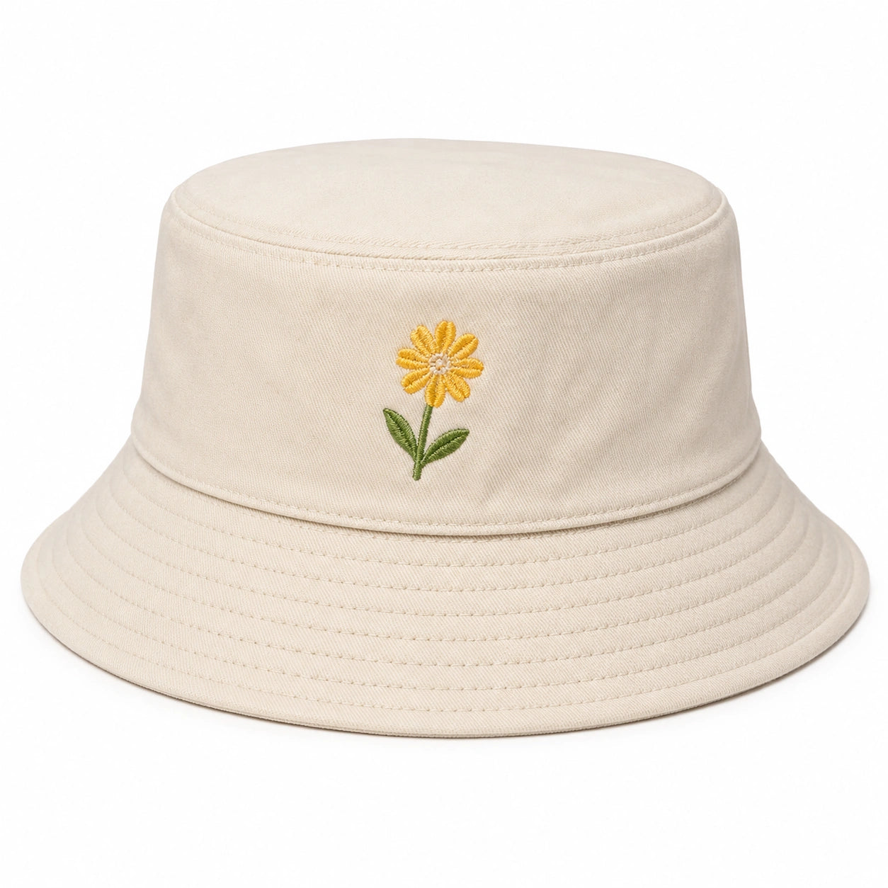 Unisex Fischerhut mit Gelber Blumenstickerei Beige