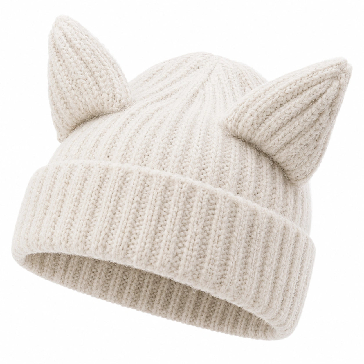 Damen-Strickmütze mit Katzenohren Creme
