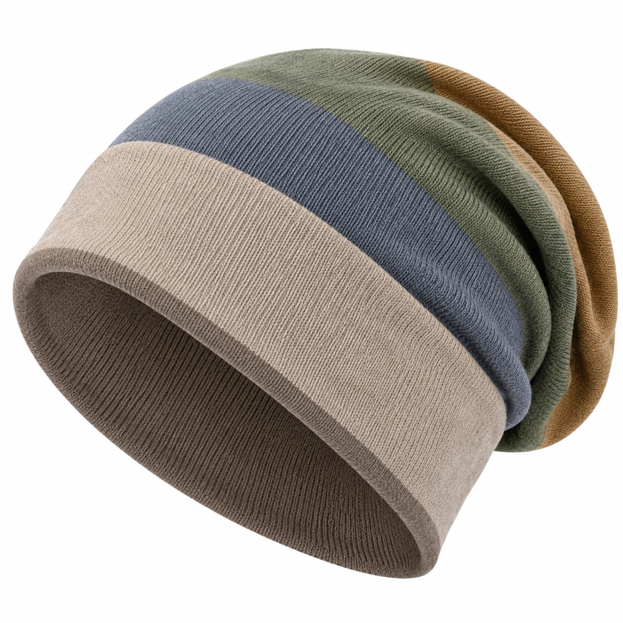 Unisex Gestreifte Beanie Mütze in Beige/Blau/Grün/Braun für Erwachsene